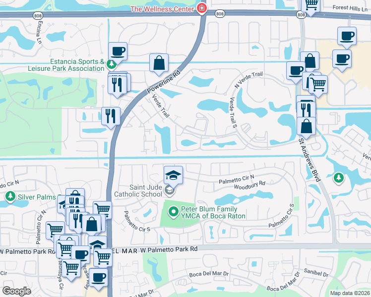 map of restaurants, bars, coffee shops, grocery stores, and more near 6545 Las Flores Drive in Boca Raton