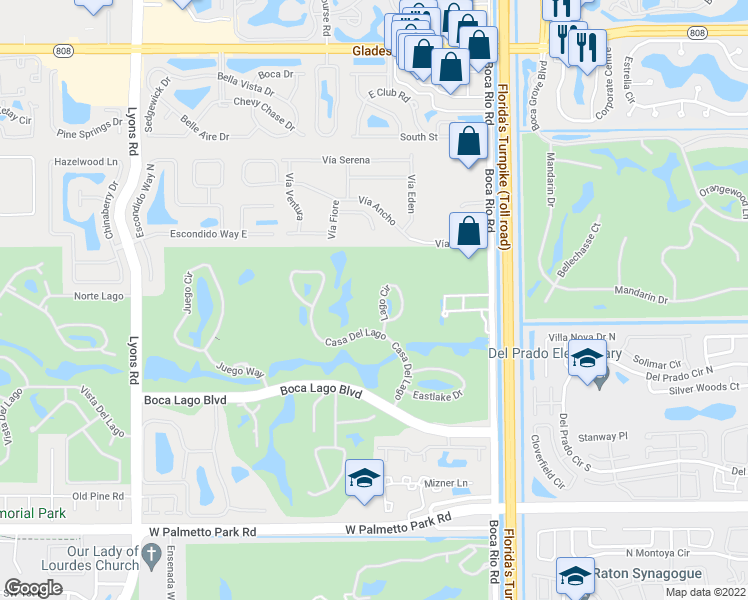 map of restaurants, bars, coffee shops, grocery stores, and more near 21205 Lago Circle in Boca Raton