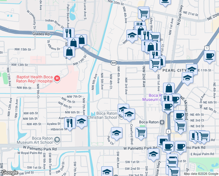 map of restaurants, bars, coffee shops, grocery stores, and more near 761 Northwest 4th Court in Boca Raton