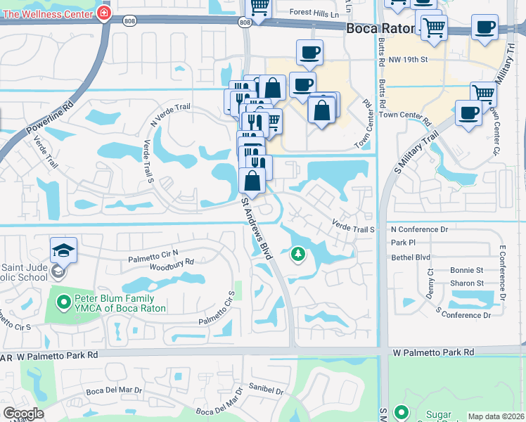 map of restaurants, bars, coffee shops, grocery stores, and more near 21506 Saint Andrews Grand Circle in Boca Raton
