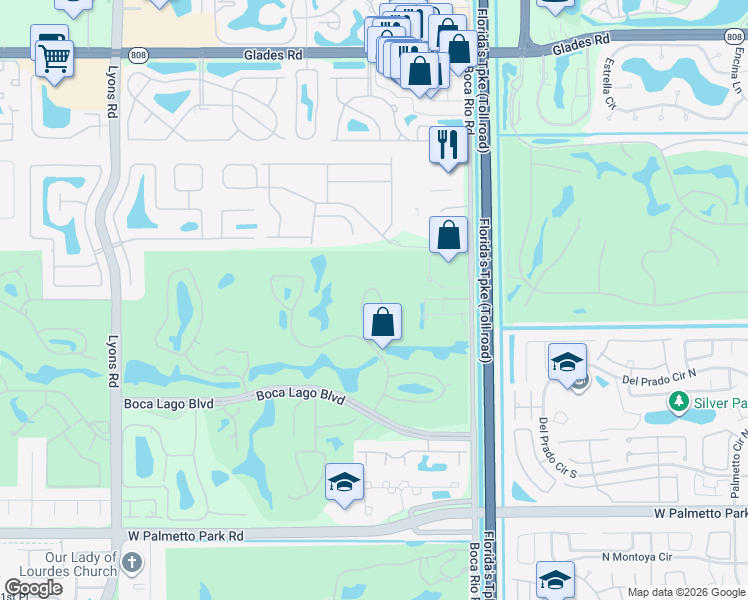 map of restaurants, bars, coffee shops, grocery stores, and more near 21201 Lago Circle in Boca Raton