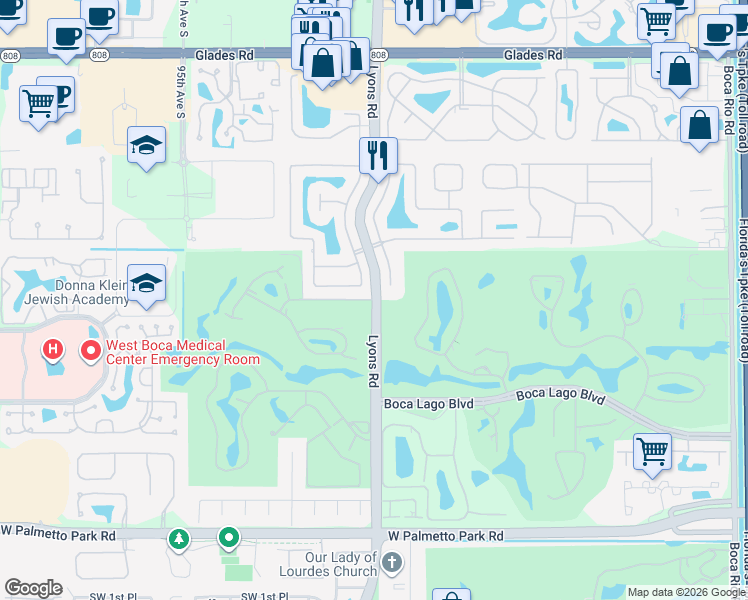 map of restaurants, bars, coffee shops, grocery stores, and more near 21601 Lyons Road in Boca Raton
