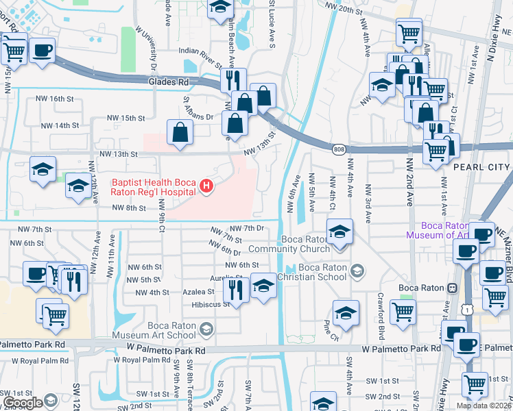 map of restaurants, bars, coffee shops, grocery stores, and more near 632 Northwest 13th Street in Boca Raton
