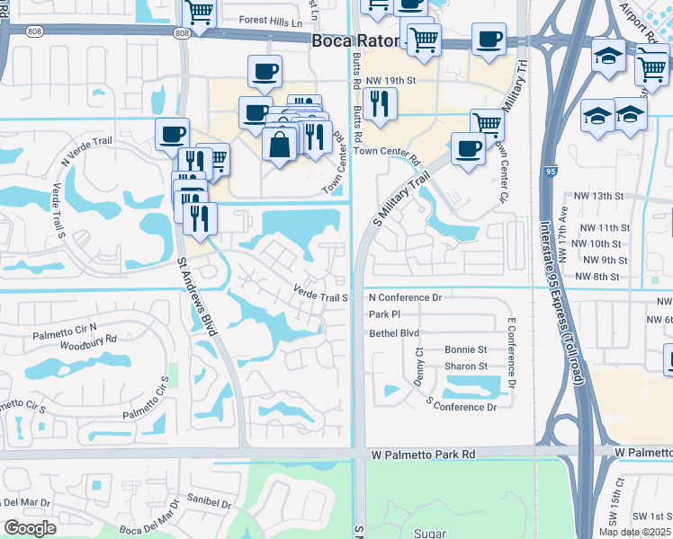 map of restaurants, bars, coffee shops, grocery stores, and more near 21409 Town Lakes Drive in Boca Raton