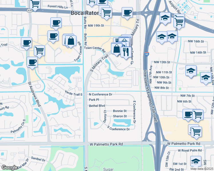 map of restaurants, bars, coffee shops, grocery stores, and more near 2040 Northwest 8th Street in Boca Raton