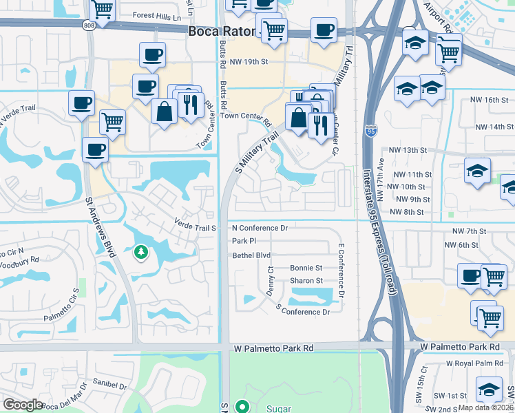 map of restaurants, bars, coffee shops, grocery stores, and more near 2148 Northwest 8th Street in Boca Raton
