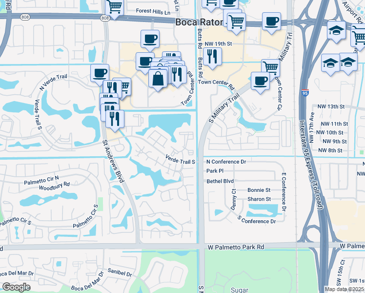 map of restaurants, bars, coffee shops, grocery stores, and more near 21446 Town Lakes Drive in Boca Raton