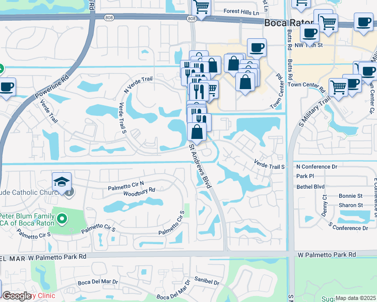 map of restaurants, bars, coffee shops, grocery stores, and more near 21625 Town Place Drive in Boca Raton