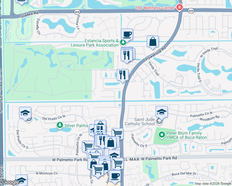map of restaurants, bars, coffee shops, grocery stores, and more near 7053 Vía Mediterrania in Boca Raton