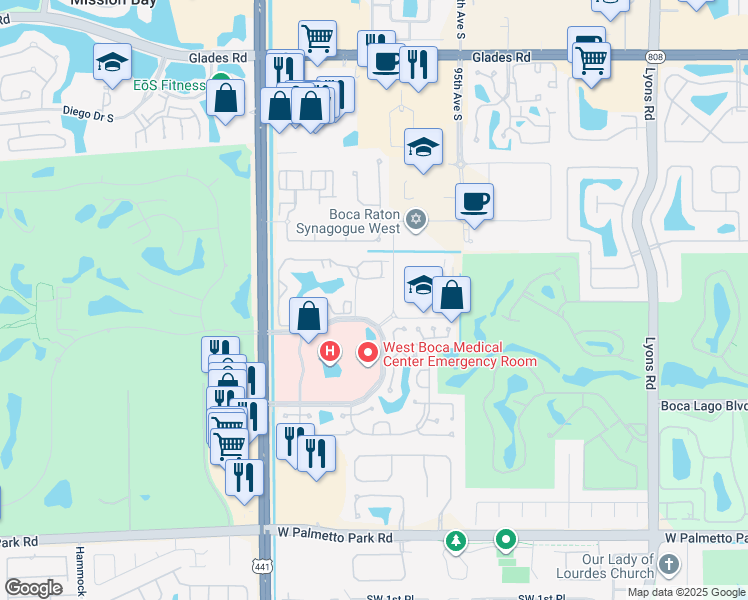 map of restaurants, bars, coffee shops, grocery stores, and more near 9700-9816 North Central Park Boulevard in Boca Raton