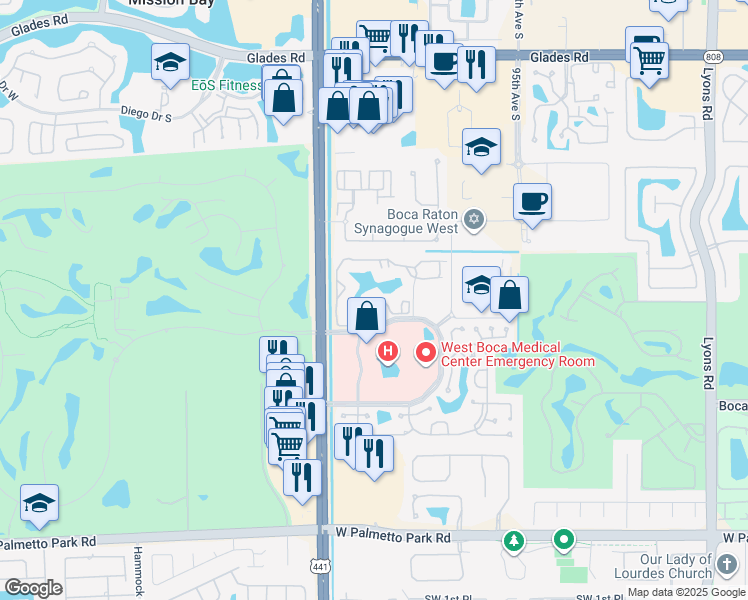 map of restaurants, bars, coffee shops, grocery stores, and more near 9818 Arbor Oaks Lane in Boca Raton