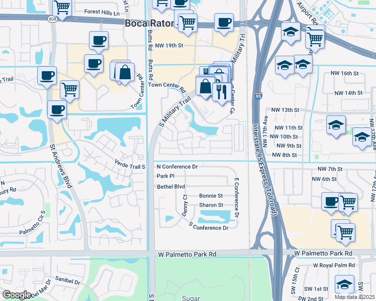 map of restaurants, bars, coffee shops, grocery stores, and more near 2040 Northwest 8th Street in Boca Raton