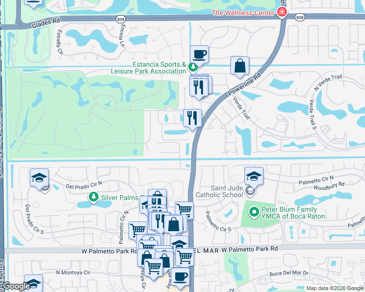 map of restaurants, bars, coffee shops, grocery stores, and more near 7053 Vía Mediterrania in Boca Raton