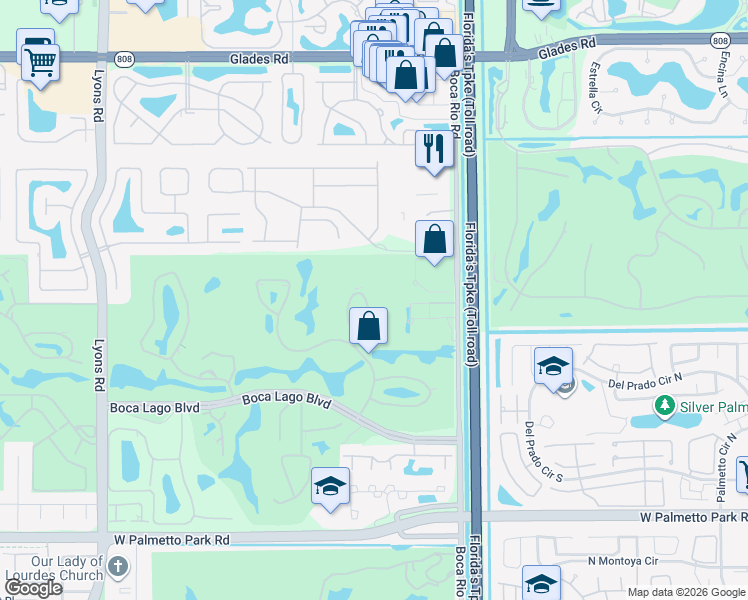 map of restaurants, bars, coffee shops, grocery stores, and more near 21201 Lago Circle in Boca Raton