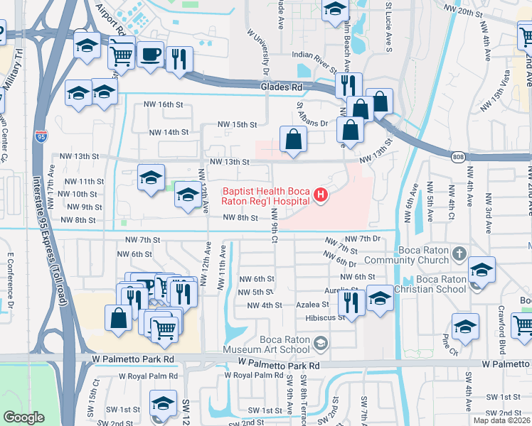 map of restaurants, bars, coffee shops, grocery stores, and more near 761 Northwest 9th Court in Boca Raton