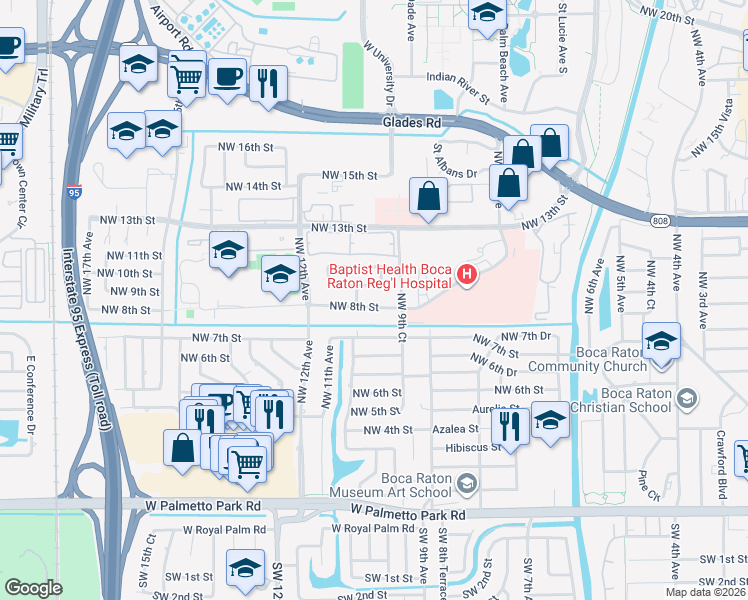 map of restaurants, bars, coffee shops, grocery stores, and more near 1000 Northwest 8th Street in Boca Raton
