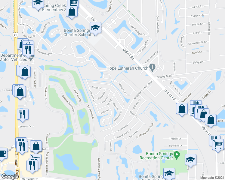 map of restaurants, bars, coffee shops, grocery stores, and more near 26124 Kings Road in Bonita Springs