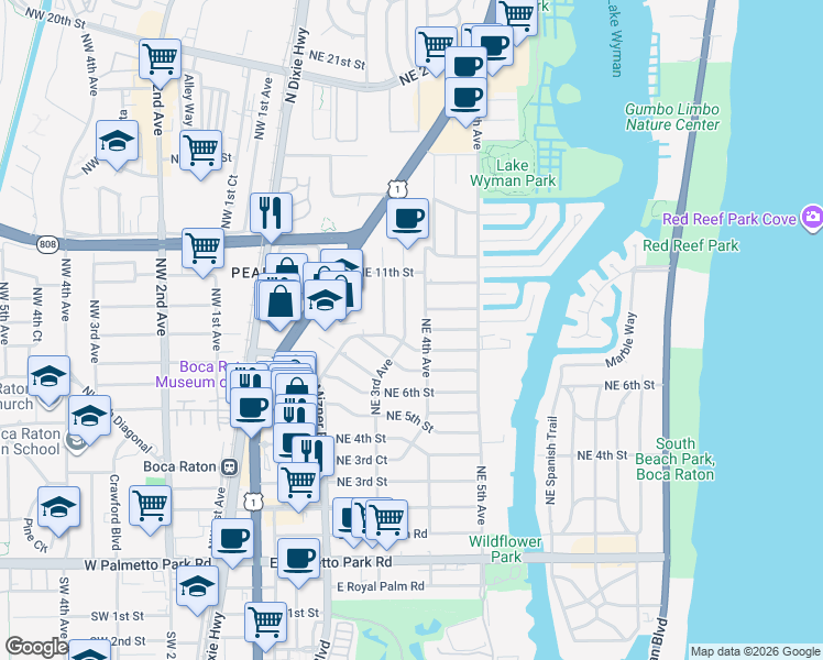 map of restaurants, bars, coffee shops, grocery stores, and more near 300 Northeast 8th Street in Boca Raton