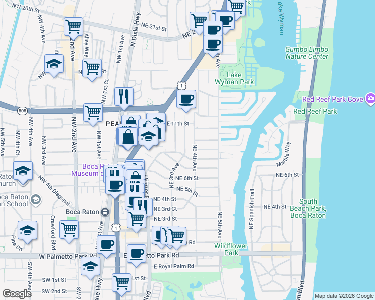 map of restaurants, bars, coffee shops, grocery stores, and more near 300 Northeast 8th Street in Boca Raton