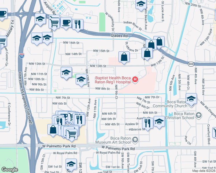 map of restaurants, bars, coffee shops, grocery stores, and more near 1000 Northwest 8th Street in Boca Raton