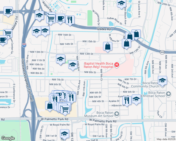 map of restaurants, bars, coffee shops, grocery stores, and more near 1000 Northwest 8th Street in Boca Raton
