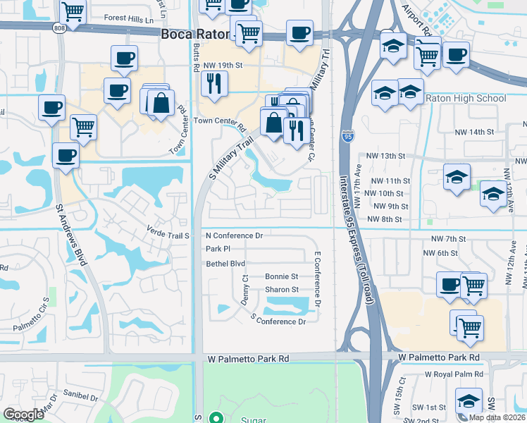map of restaurants, bars, coffee shops, grocery stores, and more near 2040 Northwest 8th Street in Boca Raton