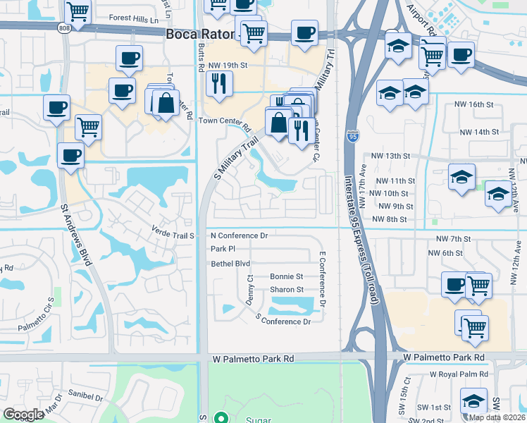 map of restaurants, bars, coffee shops, grocery stores, and more near 2040 Northwest 8th Street in Boca Raton