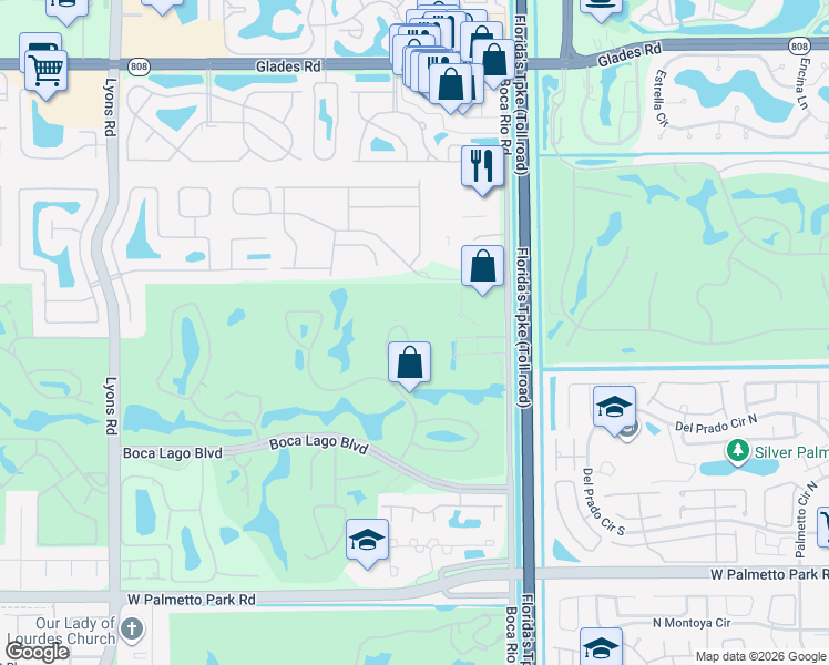 map of restaurants, bars, coffee shops, grocery stores, and more near 21201 Lago Circle in Boca Raton