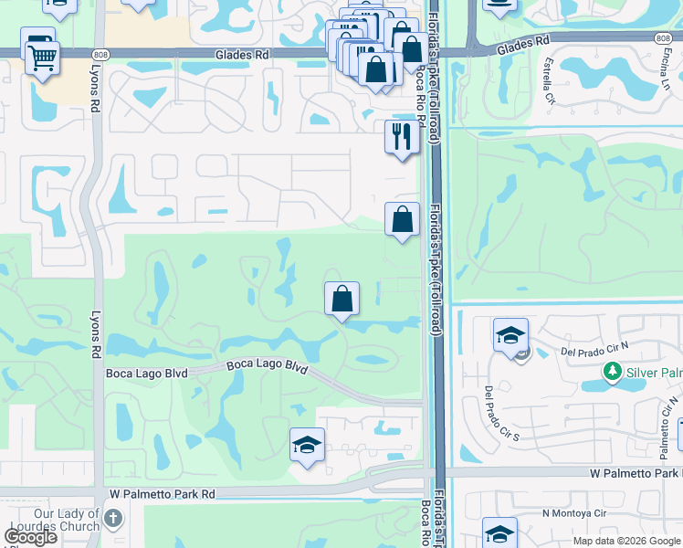 map of restaurants, bars, coffee shops, grocery stores, and more near 21201 Lago Circle in Boca Raton