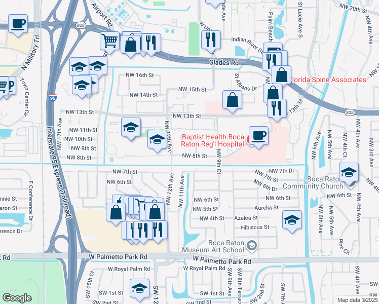 map of restaurants, bars, coffee shops, grocery stores, and more near 1000 Northwest 8th Street in Boca Raton