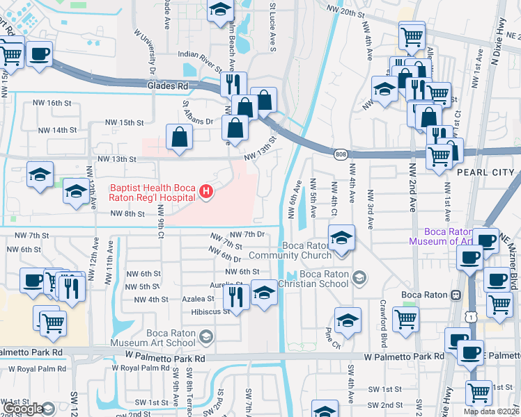 map of restaurants, bars, coffee shops, grocery stores, and more near 630 Northwest 13th Street in Boca Raton