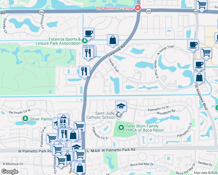 map of restaurants, bars, coffee shops, grocery stores, and more near 21520 Laguna Drive in Boca Raton