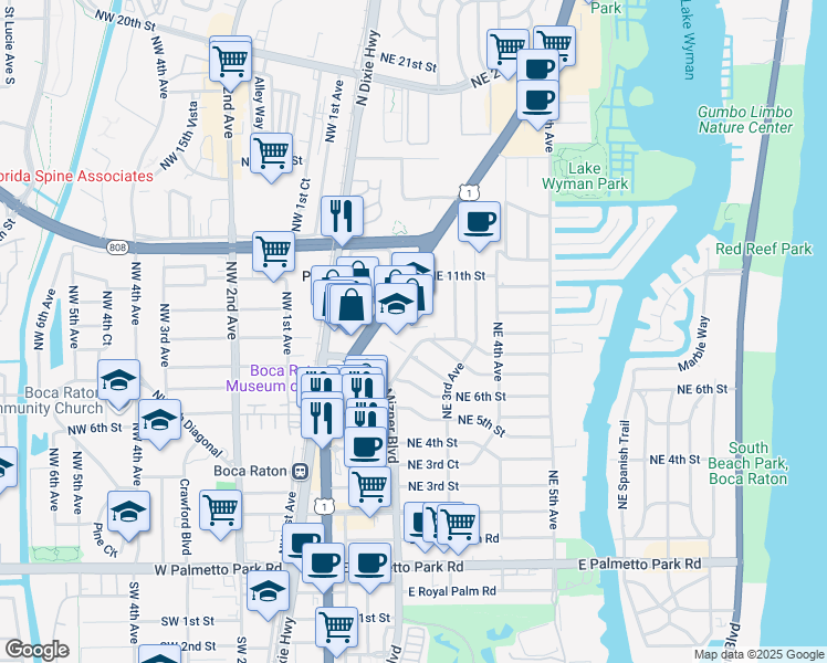 map of restaurants, bars, coffee shops, grocery stores, and more near 625 Northeast Mizner Boulevard in Boca Raton