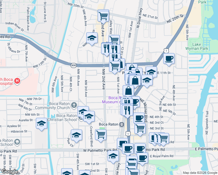 map of restaurants, bars, coffee shops, grocery stores, and more near 165 Northwest 9th Street in Boca Raton
