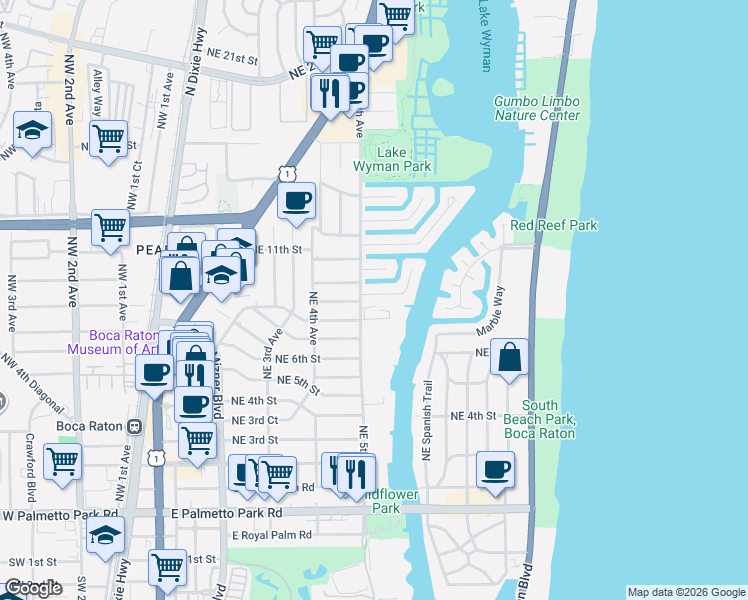 map of restaurants, bars, coffee shops, grocery stores, and more near 850 Northeast 5th Avenue in Boca Raton