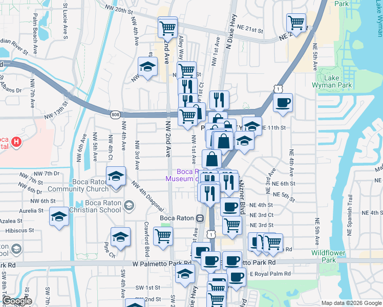map of restaurants, bars, coffee shops, grocery stores, and more near 852 Northwest 1st Avenue in Boca Raton