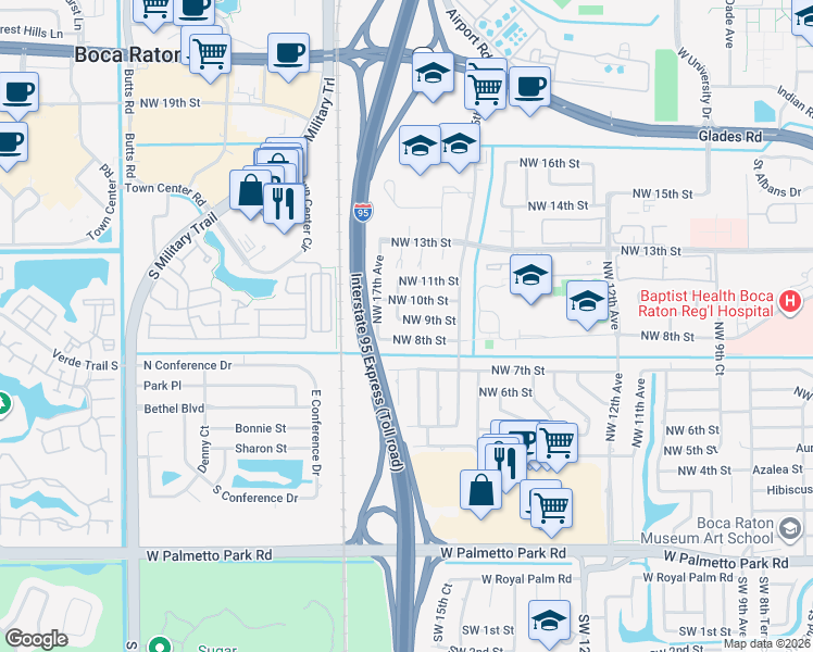 map of restaurants, bars, coffee shops, grocery stores, and more near 1646 Northwest 8th Street in Boca Raton