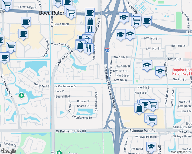 map of restaurants, bars, coffee shops, grocery stores, and more near 1826 Northwest 9th Street in Boca Raton