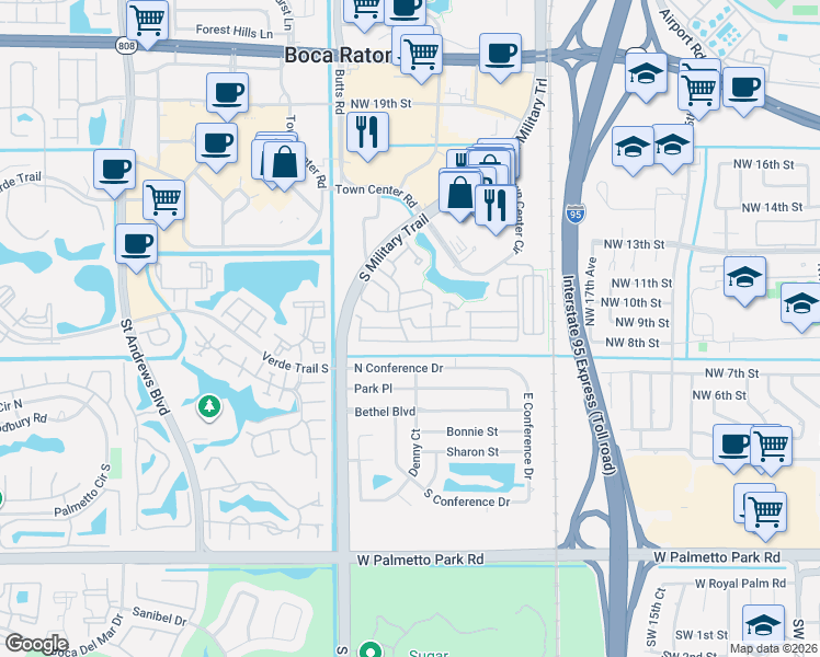 map of restaurants, bars, coffee shops, grocery stores, and more near 2040 Northwest 8th Street in Boca Raton