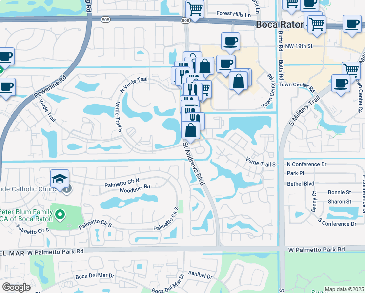map of restaurants, bars, coffee shops, grocery stores, and more near 21625 Town Place Drive in Boca Raton