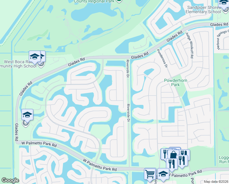 map of restaurants, bars, coffee shops, grocery stores, and more near 21330 Rockledge Lane in Boca Raton