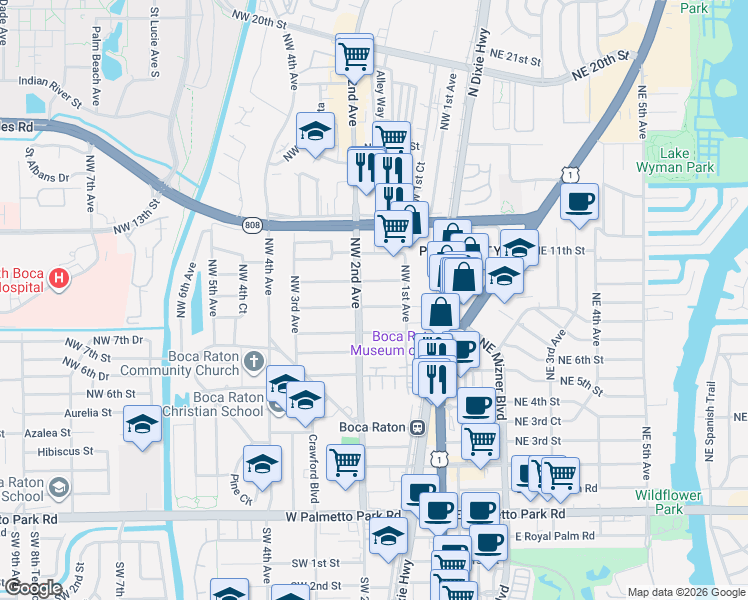 map of restaurants, bars, coffee shops, grocery stores, and more near 874 Northwest 2nd Avenue in Boca Raton