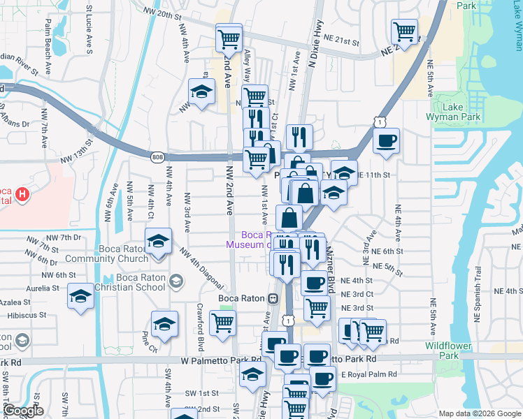 map of restaurants, bars, coffee shops, grocery stores, and more near 852 Northwest 1st Avenue in Boca Raton