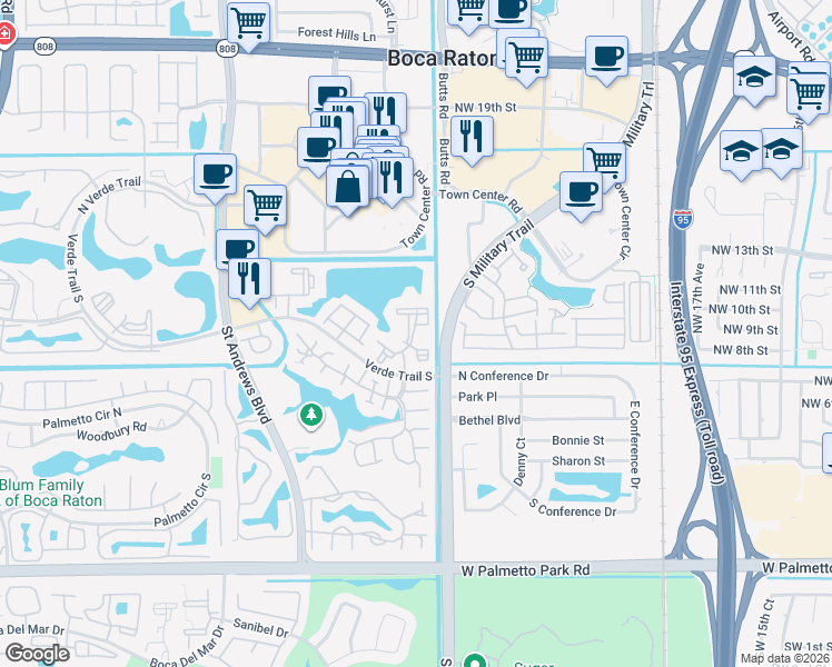 map of restaurants, bars, coffee shops, grocery stores, and more near 21392 Town Lakes Drive in Boca Raton