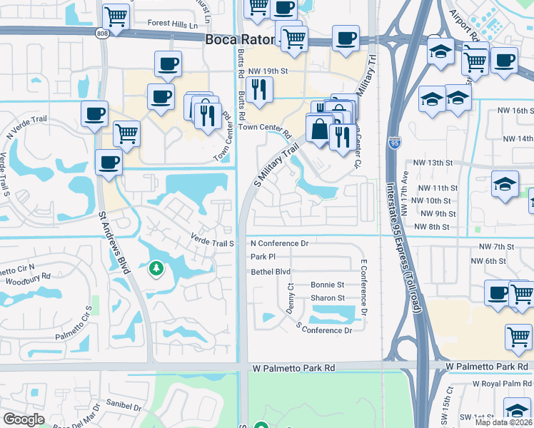map of restaurants, bars, coffee shops, grocery stores, and more near 5407 214th Court South in Boca Raton