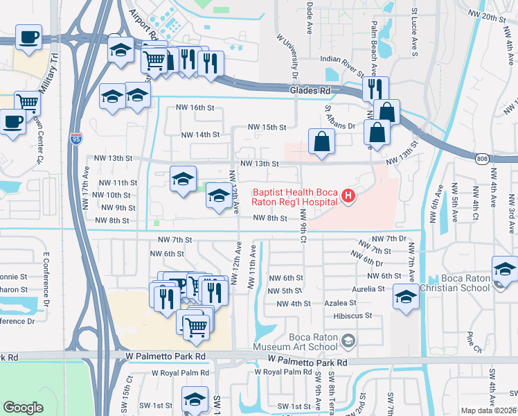 map of restaurants, bars, coffee shops, grocery stores, and more near 951 Northwest 11th Court in Boca Raton