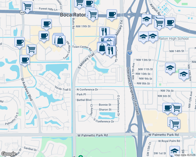 map of restaurants, bars, coffee shops, grocery stores, and more near 21423 Pagosa Court in Boca Raton