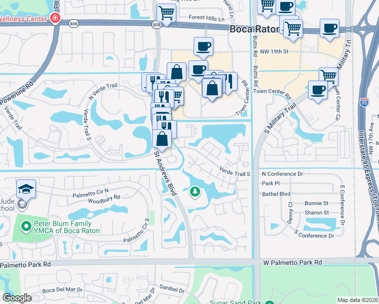 map of restaurants, bars, coffee shops, grocery stores, and more near 5845 Fox Hollow Drive in Boca Raton