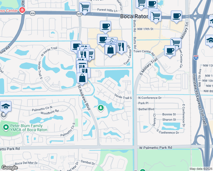map of restaurants, bars, coffee shops, grocery stores, and more near 5140 Majorca Club Drive in Boca Raton