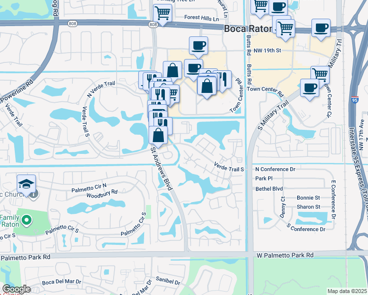 map of restaurants, bars, coffee shops, grocery stores, and more near 5860 Town Bay Drive in Boca Raton